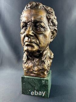 Large numbered, dated bronze patinated bust on green marble base signed by Milan Lukac