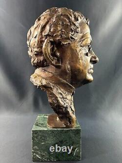 Large numbered, dated bronze patinated bust on green marble base signed by Milan Lukac