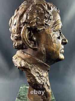 Large numbered, dated bronze patinated bust on green marble base signed by Milan Lukac