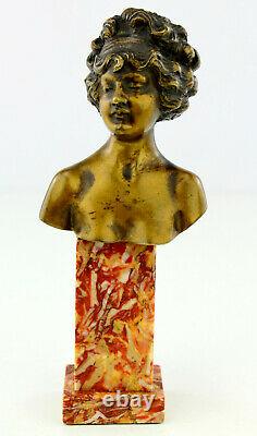 Louis Chalon Former Bronze Golden Marble Patina Sculpture Bust Woman 1900 Signed