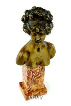 Louis Chalon Former Bronze Golden Marble Patina Sculpture Bust Woman 1900 Signed