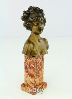 Louis Chalon Old Gilt Bronze Patinated Marble Sculpture Bust Woman In 1900 Signed