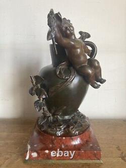 Love Seated on a Bronze and Marble Jar Signed Moreau Circa 1900