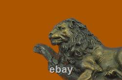 Made Hand Signed Large Moigniez Lion Resting Bronze Marble Figurine
