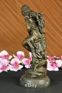 Made Hand Signed Moreau Bronze Statue Female Nude Angel Art Marble Figurine