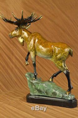 Made Hand Signed Original Moose Wildlife Bronze Sculpture Marble Base Figurine