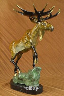 Made Hand Signed Original Moose Wildlife Bronze Sculpture Marble Base Figurine