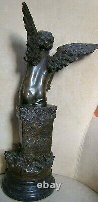 Magnificent Bronze On Marble Xixth Angel Signed Hippolyte Moreau