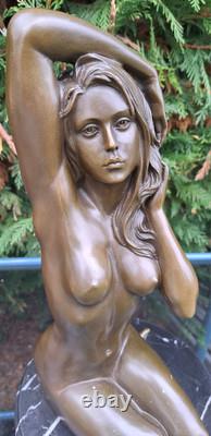 Magnificent Kneeling Woman Bronze Marble Base Signed Manollo Beautiful Hair