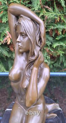 Magnificent Kneeling Woman Bronze Marble Base Signed Manollo Beautiful Hair