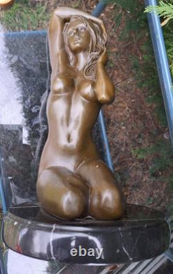Magnificent Kneeling Woman Bronze Marble Base Signed Manollo Beautiful Hair