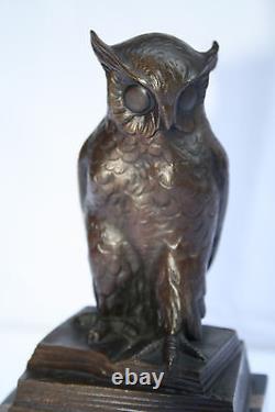 Magnificent Owl In Bronze German Art Deco On Base Marble Signed Hertz
