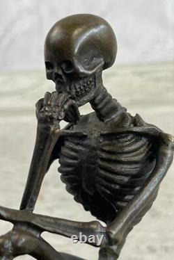 Marble Figurine, Skeleton Thinker in Solid Bronze, Signed Milo, Modern Art