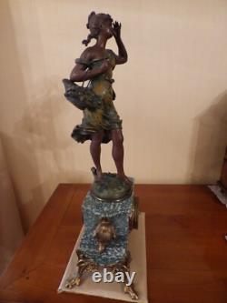 Marble mantel clock with spelter sculpture signed AUGUSTE MOREAU, The Basket of Cherries
