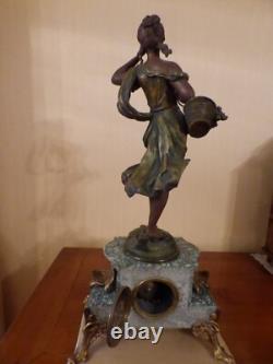 Marble mantel clock with spelter sculpture signed AUGUSTE MOREAU, The Basket of Cherries