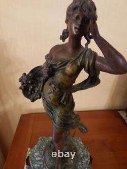 Marble mantel clock with spelter sculpture signed AUGUSTE MOREAU, The Basket of Cherries