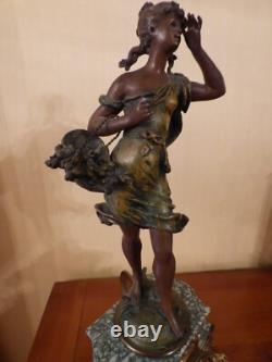 Marble mantel clock with spelter sculpture signed AUGUSTE MOREAU, The Basket of Cherries