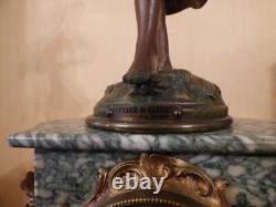 Marble mantel clock with spelter sculpture signed AUGUSTE MOREAU, The Basket of Cherries