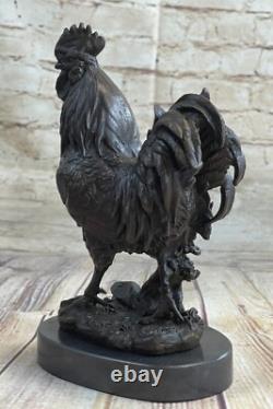 Marbled Bronze Farmer Rooster Figurine Sculpture Signed