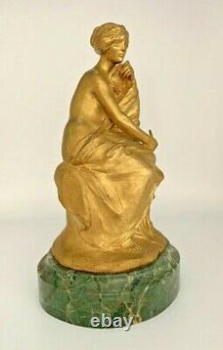 Maurice Bouval Gilded Bronze Sculpture, Green-art New-gurschner Marble Base