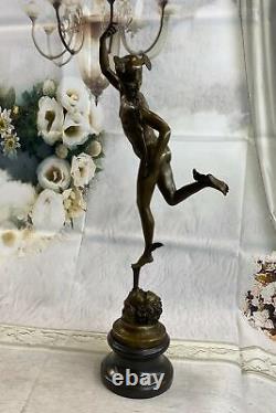 Mercury Hermes Bronze Cauceus On Marble Base Signed Sculpture Art Figure Nude