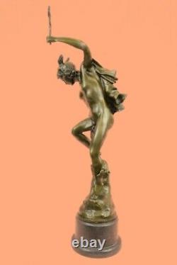 Mercury Hermes & Bronze Cauceus On Marble Base Signed Sculpture Gift Art