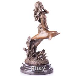 Mermaid sculpture with dolphin in bronze on black marble after Milo