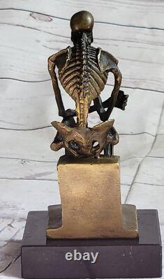 Modern Art Solid Bronze Thinker Skeleton Signed Milo Marble Sculpture