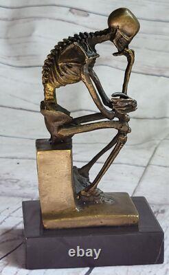Modern Art Solid Bronze Thinker Skeleton Signed Milo Marble Sculpture