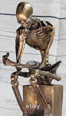 Modern Art Solid Bronze Thinker Skeleton Signed Milo Sculpture in Marble
