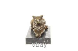 Modern Bronze Sculpture of a Cat Leaning on Black Marble