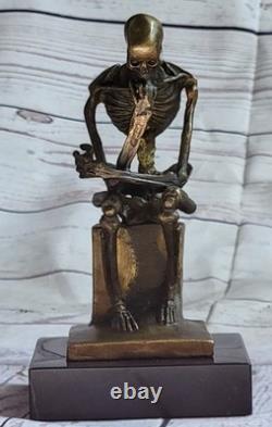 Modern Bronze Skeleton Thinker Marble Figurine Signed Milo