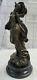 Modern Bronze Woman Signed Pittaluga On Marble Base Statue Figurine