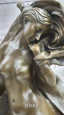Modern Bronze Woman Signed Pittaluga on Marble Base Statue Figurine