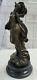 Modern Bronze Woman Signed Pittaluga On Marble Base Statue Figurine 26 H