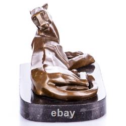 Modern Panther Sculpture in Bronze on Black Marble After Milo