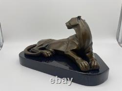 Modern Panther Sculpture in Bronze on a Black Marble Base after Milo