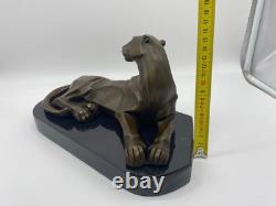 Modern Panther Sculpture in Bronze on a Black Marble Base after Milo