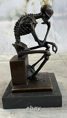 Modern Solid Bronze Skeleton Thinker Signed Milo Cast Marble Figurine