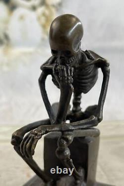 Modern Solid Bronze Skeleton Thinker Signed Milo Cast Marble Figurine