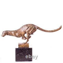 Modern bronze Panther Sculpture on Marble Signed