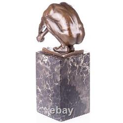 Modern bronze nude male sculpture on a vintage marble Signed