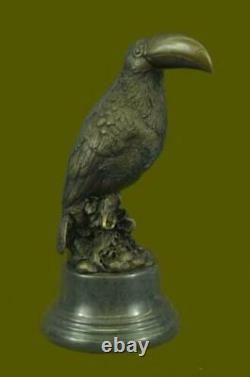 Nice Signed Bird Original Pure Bronze Statue On Marble Sculpture Decor