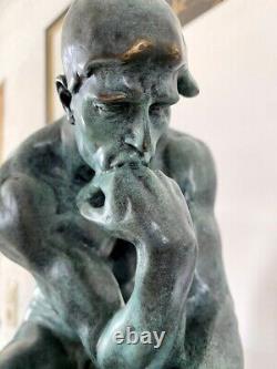 Noble Bronze Statue Of The Thinker On Base In Marble Signed Rodin Nachguss