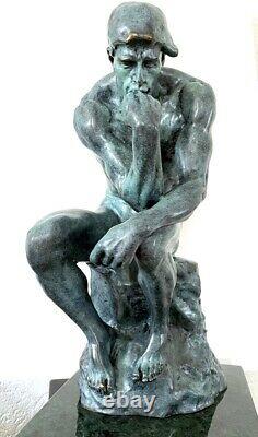 Noble Bronze Statue Of The Thinker On Base In Marble Signed Rodin Nachguss