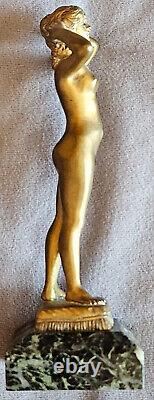 Nude Woman Statue from around 1900 in Gilt Bronze, Signed C. VILLAIM, Marble Base