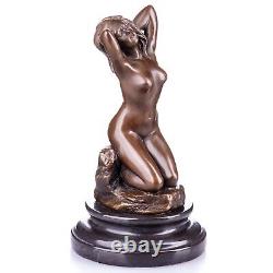 Nude woman bronze sculpture on black marble Signed