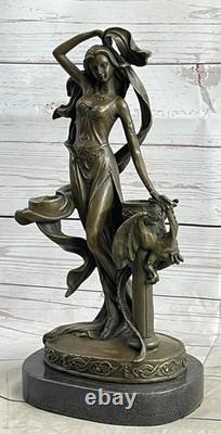 Offer of an Original Signed Marble and Bronze Floral Candleholder Sculpture Goddess