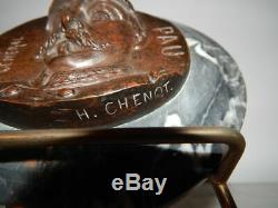 Old Bronze Medal Of General Pau Base Marble Signed H. Chenot