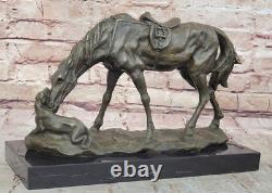 Original Bronze Sculpture Signed Milo – Dog and Horse Statue on a Marble Base